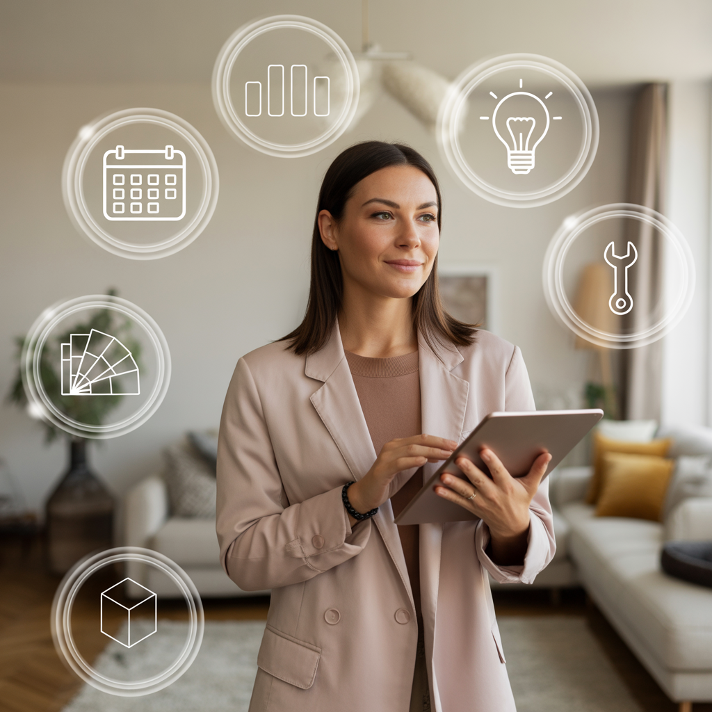 Female interior designer standing in a modern, calm living room, holding a digital tablet, surrounded by floating white line-art icons representing project management steps such as calendar planning, material selection, lighting design, 3D visualization, budgeting, and tools. Soft natural light and a neutral interior create a professional, organized atmosphere.